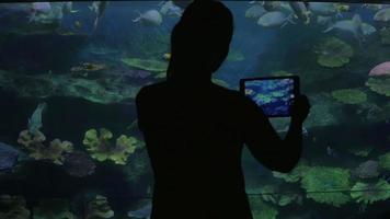 visiteur de l'océanarium prenant des photos avec tablet pc