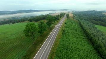 Vista aérea del coche en la carretera rural con niebla