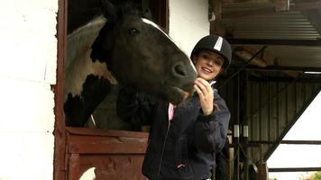 Pretty brunette feeding horse in stable video