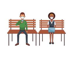 Interracial couple wearing mask using technology seated vector