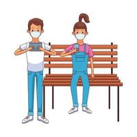 Young couple wearing medical mask using technology seated in park chair vector