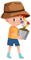 niño sosteniendo flores en maceta vector