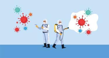 Biosafety workers with disinfectant sprayers and covid19 particles vector