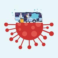 Los trabajadores de bioseguridad con rociadores desinfectan el autobús para covid19 vector