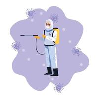 Biosafety worker with disinfectant sprayer and covid19 particles vector