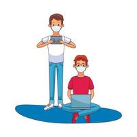 Young men wearing medical masks using technology characters vector