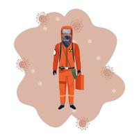 Biosafety worker with biohazard suit and covid19 particles vector