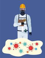 Biosafety worker with biohazard suit and covid19 particles vector