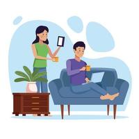 Couple in quarantine living room scene vector