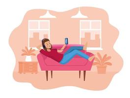 Woman using smartphone in sofa scene vector