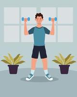 Man lifting dumbbells exercise in the house vector