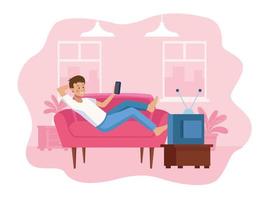 Man in sofa using smartphone scene vector