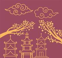 Asian composition with pagodas and sakura trees vector