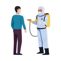 Biosafety worker with portable sprayer and man vector