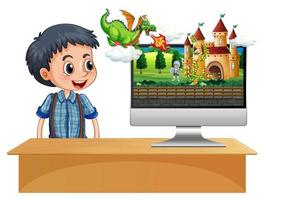 Happy boy next to computer with castle scene on monitor vector