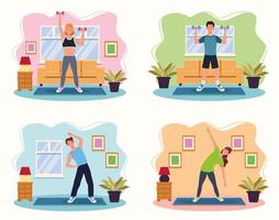 People practicing exercise in the house vector