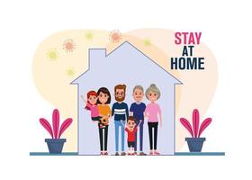 Family members stay at home, covid19 pandemic particles vector