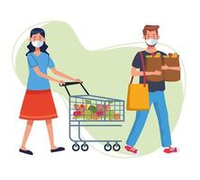 Couple shopping in supermarket with face masks vector