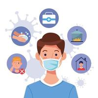 Young man using mask with covid19 set icons vector