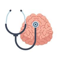 Cerebro humano con estetoscopio, icono de salud mental