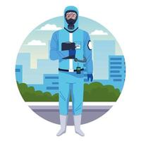 Worker using blue protection virus suit character vector