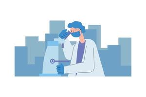 Scientific doctor with microscope researching vaccine character vector