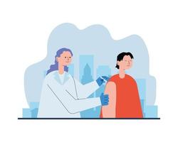 Scientific female doctor injecting patient character vector