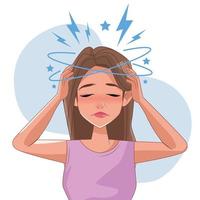 mujer con dolor de cabeza y carácter de síntoma de estrés vector