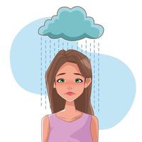 Mujer triste con síntoma de estrés y nube lluviosa