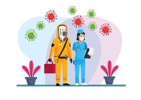 Biohazard cleaning person with nurse and covid19 particles vector