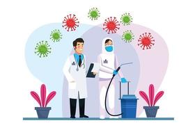 Biohazard cleaning person and doctor with covid19 particles vector