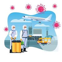 Los trabajadores de bioseguridad desinfectan el aeropuerto de covid19 vector