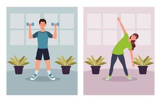 Couple practicing exercise in the house vector