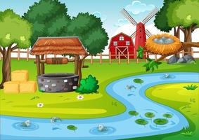 Barn and windmill in farm scene. vector