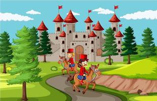 Fairytale scene with castle and soldier royal guard scene vector