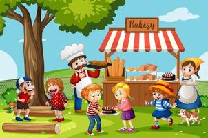 Front of bakery shop with baker vector