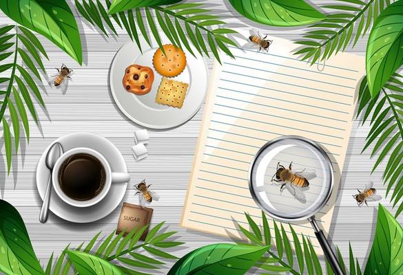 Top view of wooden table with office objects