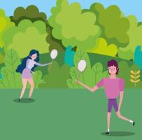 pareja joven, jugar al tenis, aire libre vector