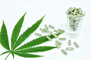 Cannabis leaf and pill capsules photo