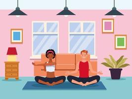 Couple practicing exercise in their house vector