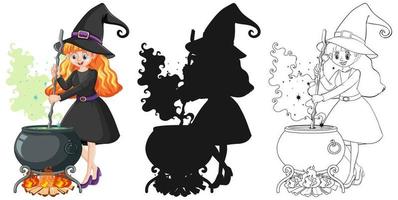 Witch in color, outline, and silhouette cartoon vector