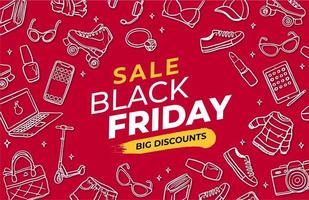 Black Friday red banner with hand drawn elements vector