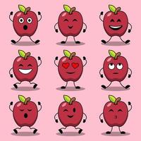 Set of cute cartoon poses of apple characters vector