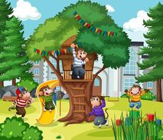 Five little monkeys jumping in the park scene vector