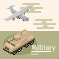 Composición isométrica de aviones y tanques militares. vector