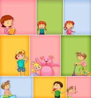 Set of kids characters on different color background vector