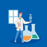 Male scientist with dna molecule and test tubes vector