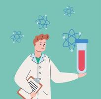 Male scientist with test tubeand atoms vector