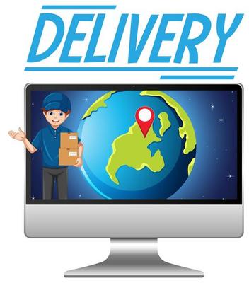 Computer with Earth, delivery man and text