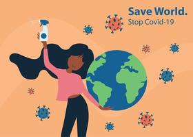 mujeres sosteniendo spray para proteger el mundo del coronavirus vector